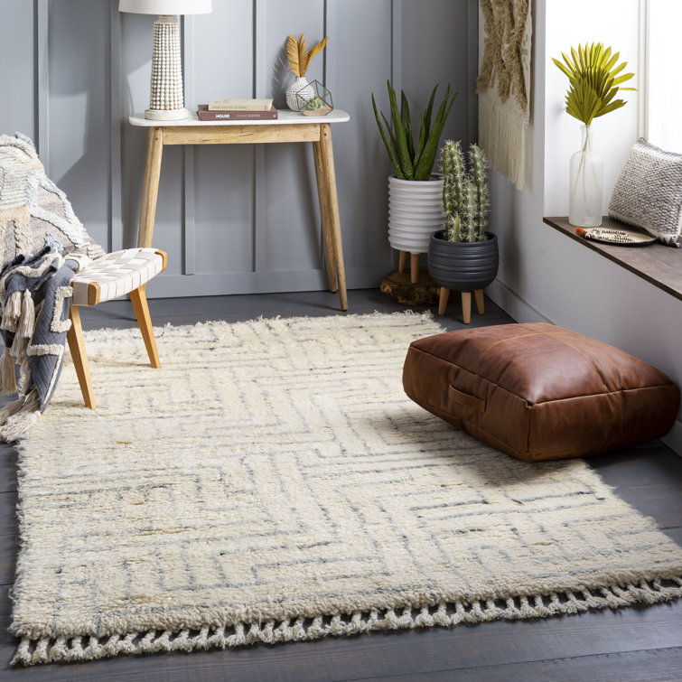 Risa Black Geometric Hand-Knotted Wool Rectangular Area Rug