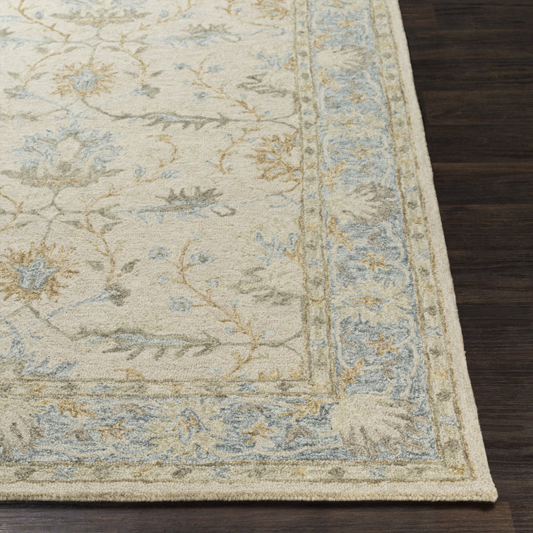 Handmade Beige and Blue Wool 9' x 12' Oriental Rug