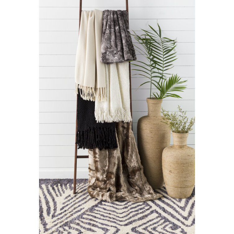 Ivory White Woven Acrylic Throw Blanket with Fringe