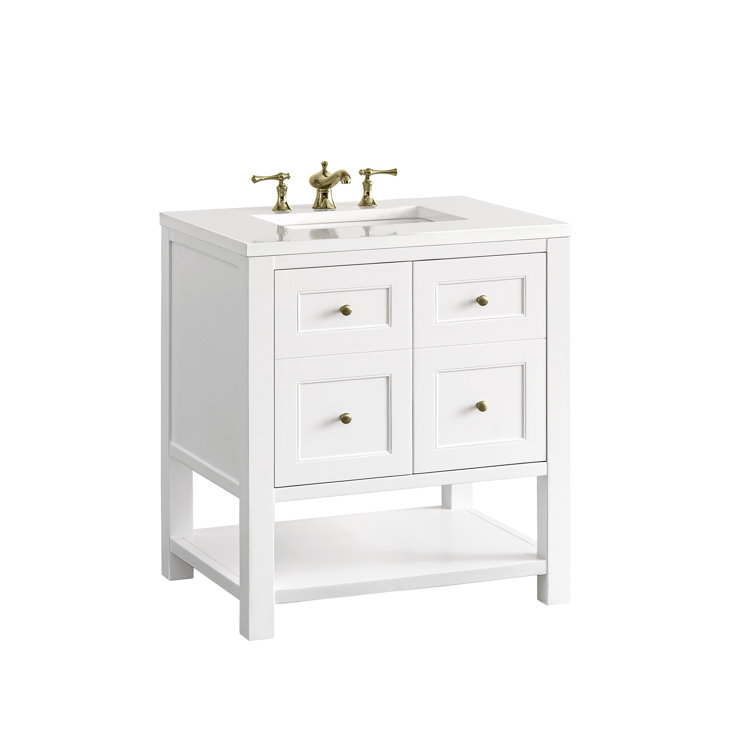 Bright White Solid Wood Single Vanity with Brass Knobs