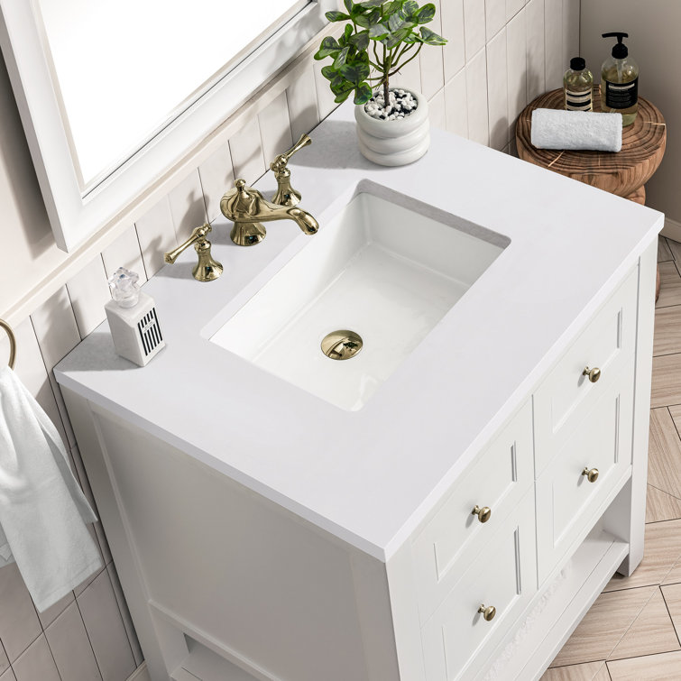 Bright White Solid Wood Single Vanity with Brass Knobs