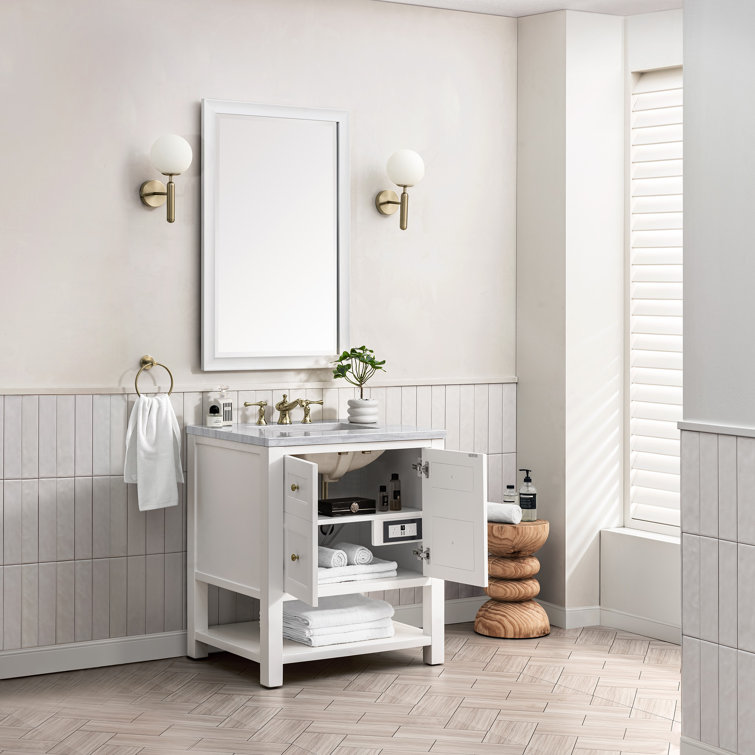 Bright White Solid Wood Single Vanity with Brass Knobs