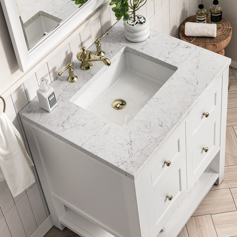 Bright White Solid Wood Single Vanity with Brass Knobs