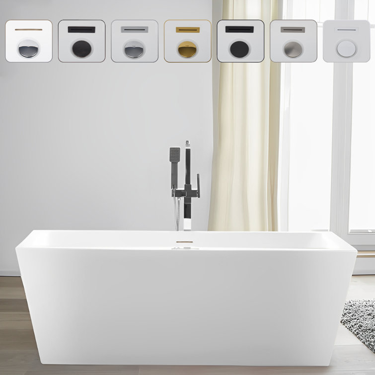 67" White Acrylic Freestanding Soaking Bathtub with Overflow