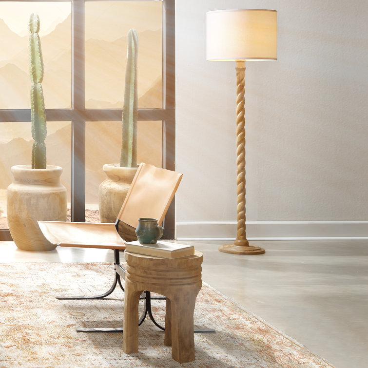 Natural Wood Floor Lamp with Sea Salt Linen Shade