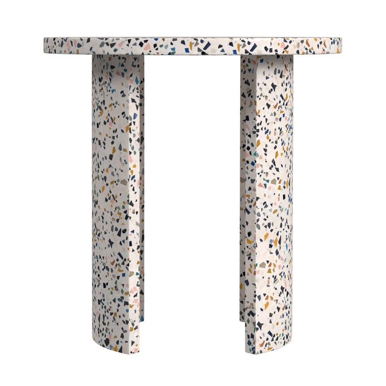 White Terrazzo Round Outdoor Side Table with Crescent Legs