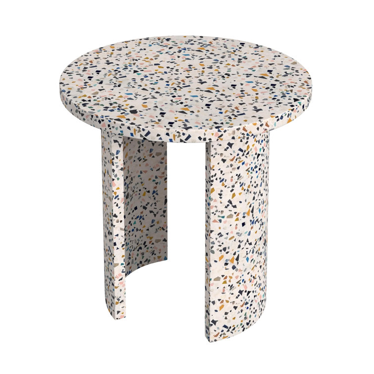 White Terrazzo Round Outdoor Side Table with Crescent Legs