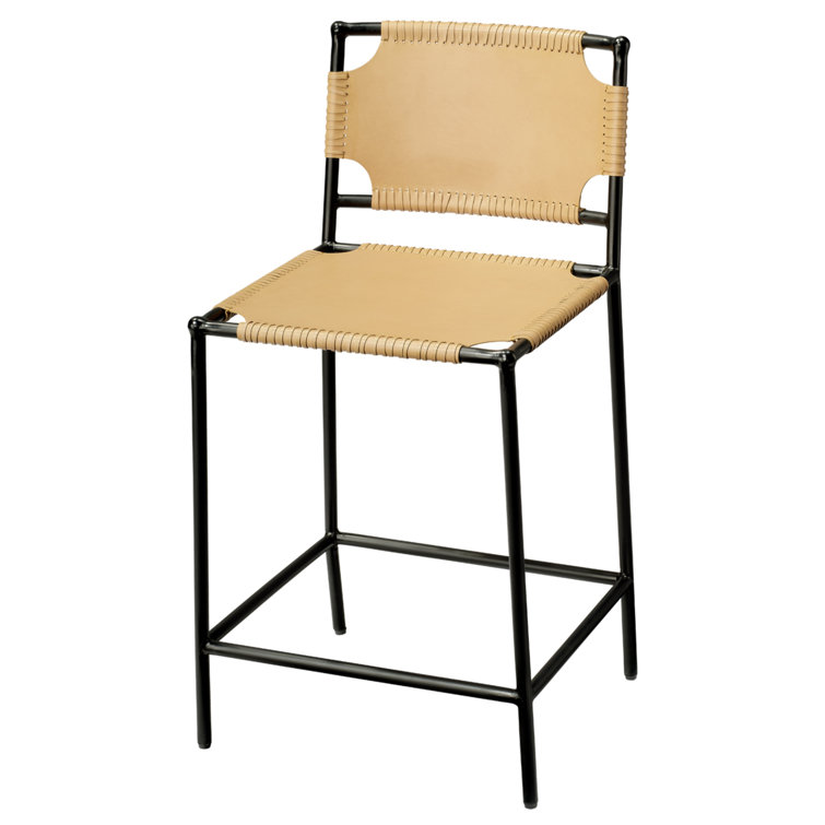 Off-White Leather and Black Metal 24" Counter Stool