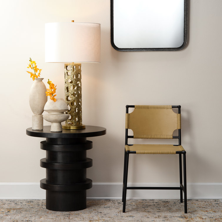 Cashew Brown Leather Sling-Style Dining Chair with Metal Frame