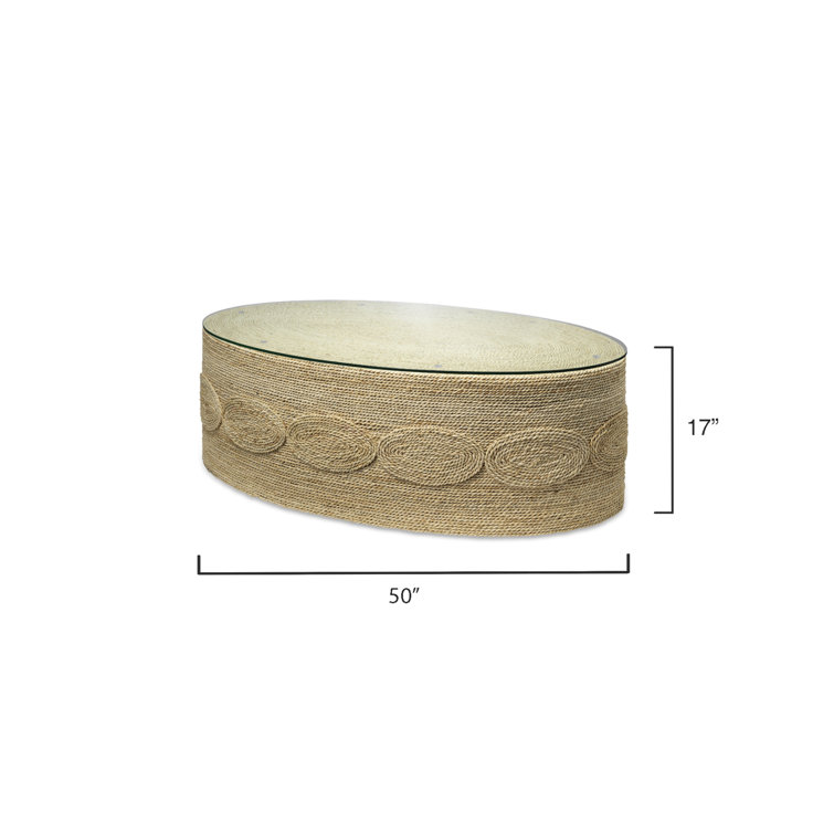 Oval Handwoven Corn Straw Rope Coffee Table with Glass Top