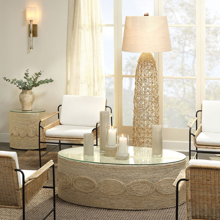 Oval Handwoven Corn Straw Rope Coffee Table with Glass Top