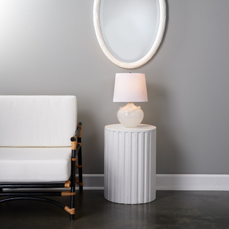Coastal White Cement Drum-Shaped Fluted Side Table