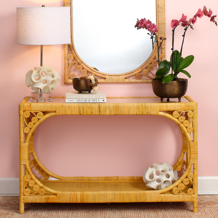 Sophisticated Tropical Rattan Console with Tempered Glass Top