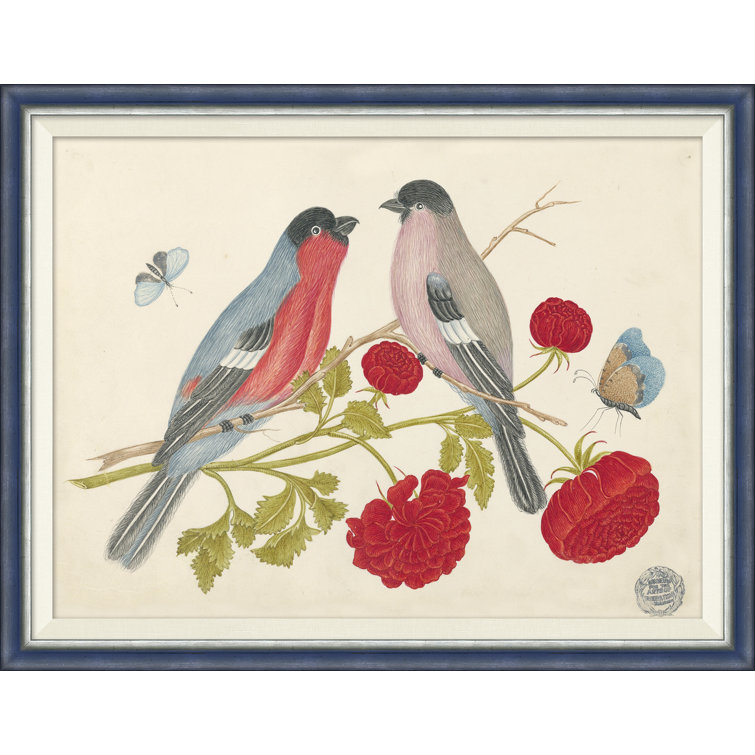 Handcrafted Blue Framed Bird and Floral Print with Tempered Glass