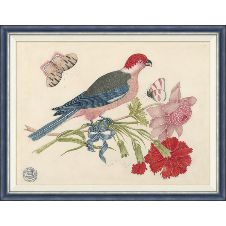Handcrafted Blue Framed Bird and Floral Print with Tempered Glass