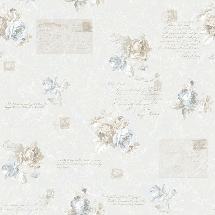 Blue and Beige Floral Vintage Rose Wallpaper Roll
