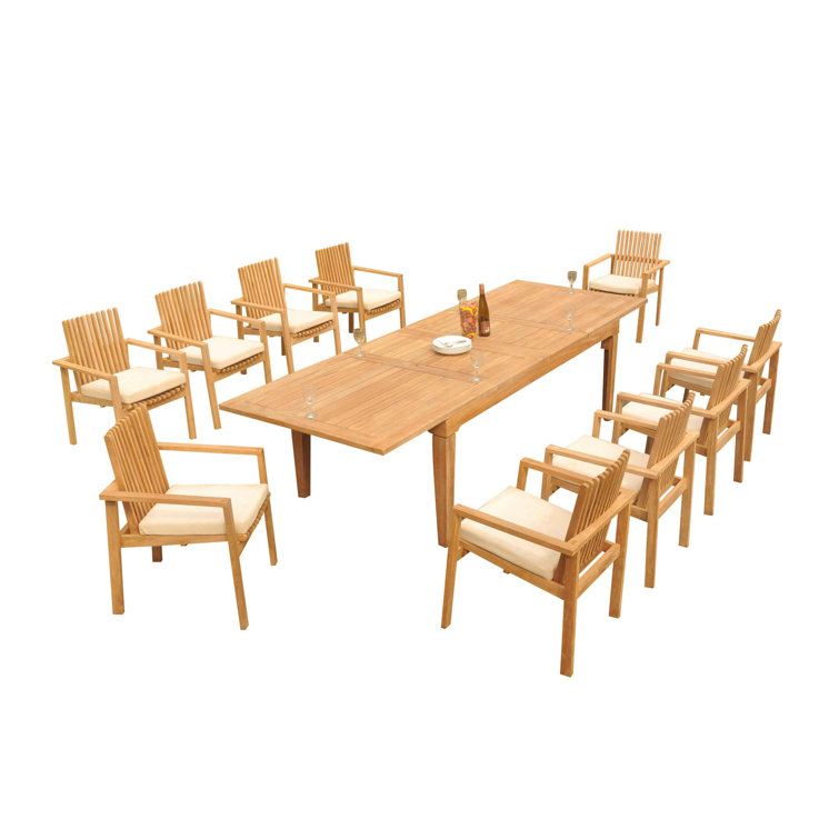Teak 11-Piece Brown Solid Wood Outdoor Dining Set with Stackable Chairs