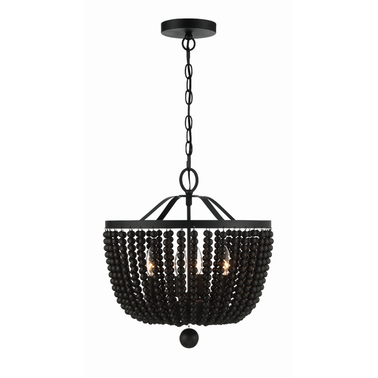 Mini Matte Black Crystal and Wood Bead 4-Light Chandelier