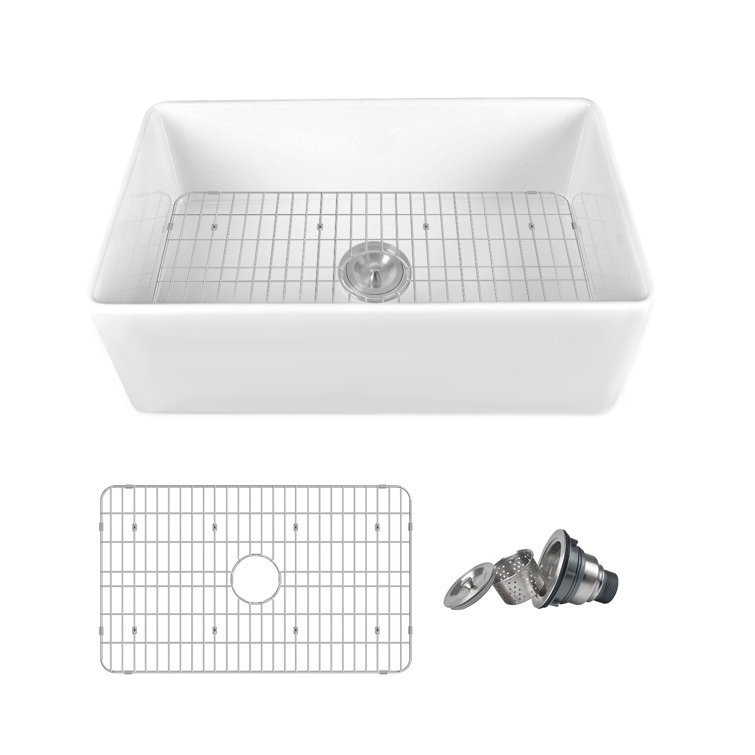 33" White Fireclay Farmhouse Drop-In Kitchen Sink