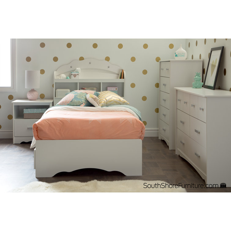 White Twin Wood Bookcase Headboard with Storage