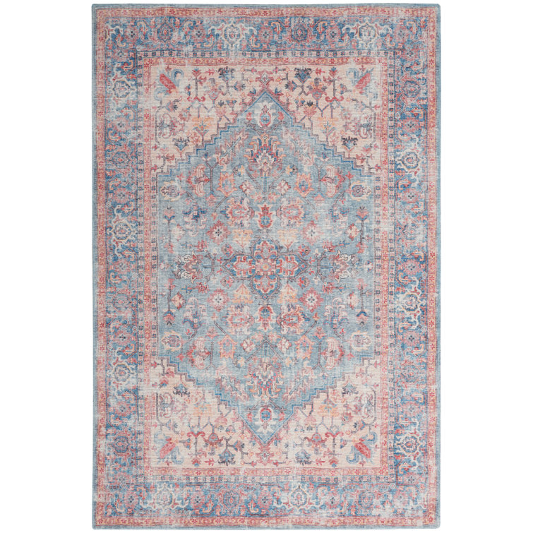 Blue and Red Floral Cotton Chenille Rectangular Area Rug, 6' x 9'