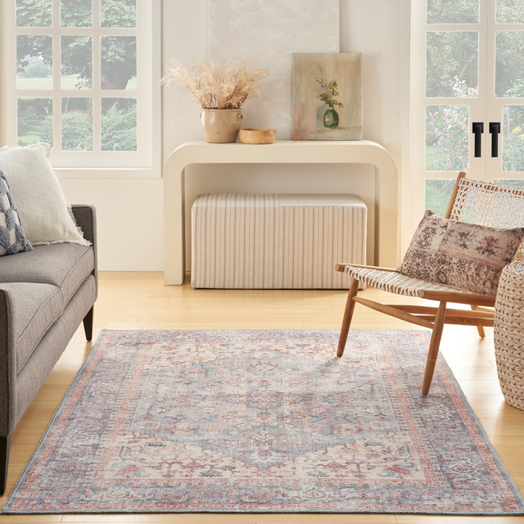 Blue and Red Floral Cotton Chenille Rectangular Area Rug, 6' x 9'