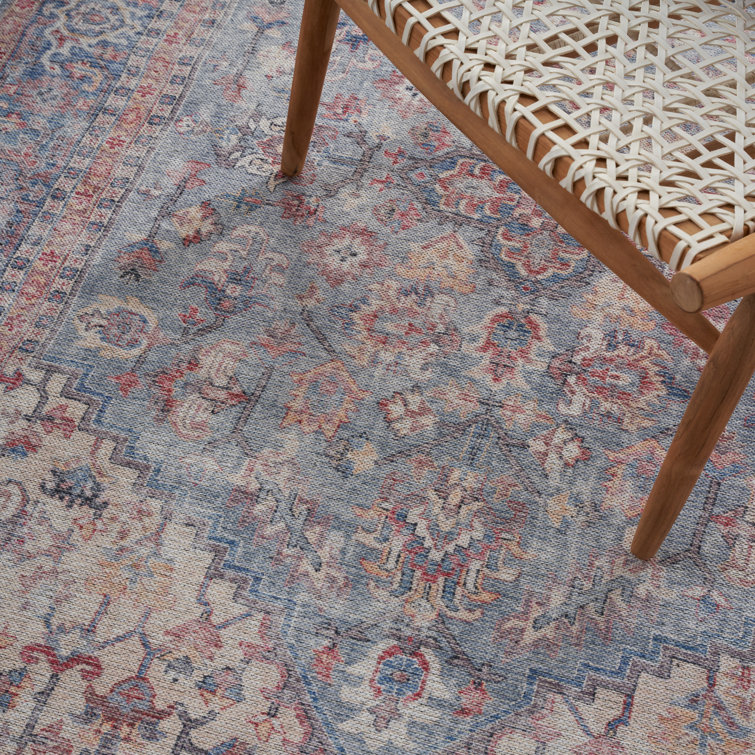 Blue and Red Floral Cotton Chenille Rectangular Area Rug, 6' x 9'