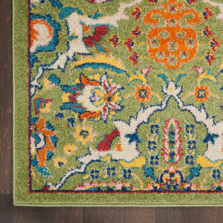 Large Green Floral Machine Woven Performance Rug