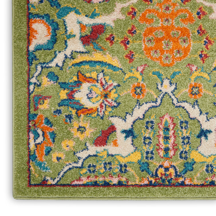 Large Green Floral Machine Woven Performance Rug