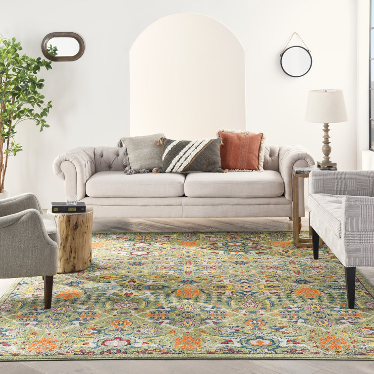 Large Green Floral Machine Woven Performance Rug