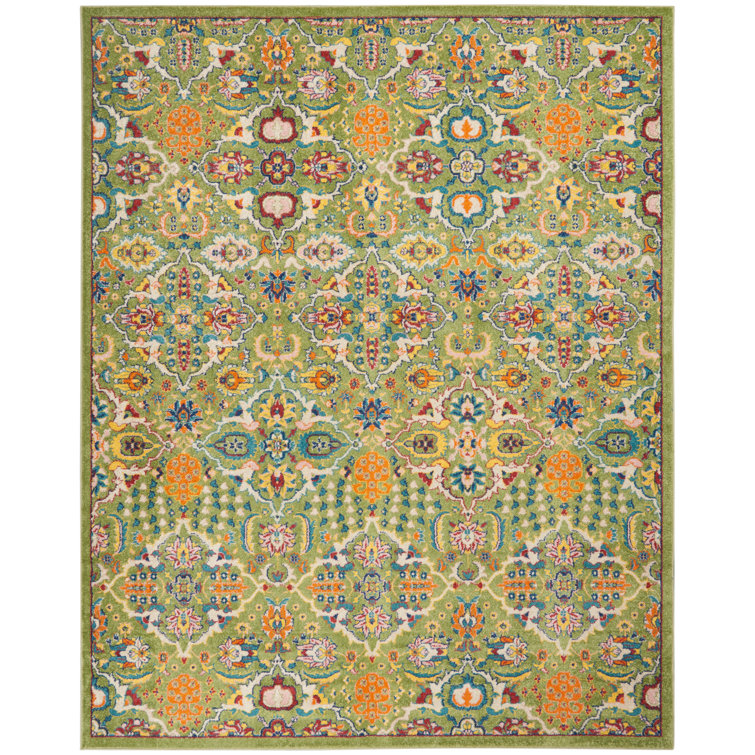Large Green Floral Machine Woven Performance Rug