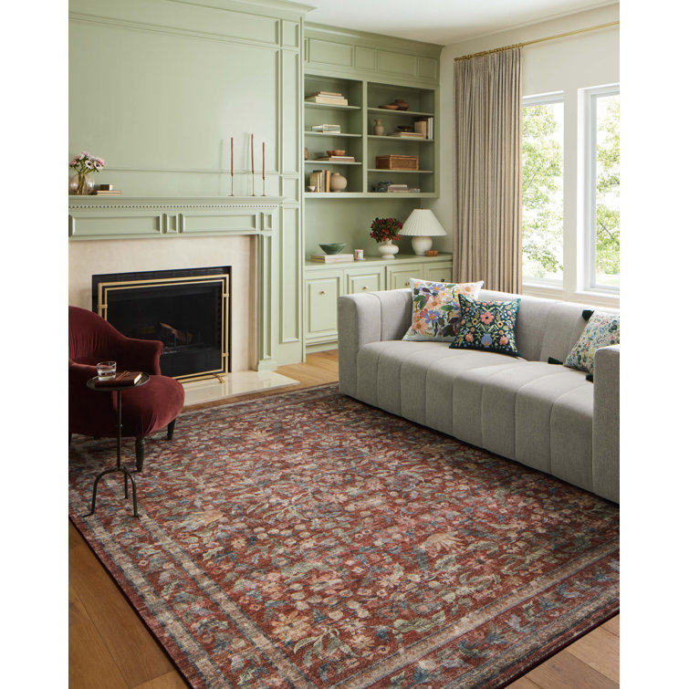 Crimson and Blue Floral Synthetic Rectangular Area Rug 8'-6" x 11'-6"