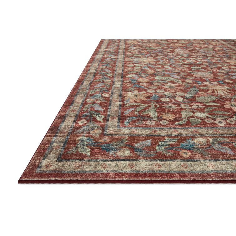 Crimson and Blue Floral Synthetic Rectangular Area Rug 8'-6" x 11'-6"