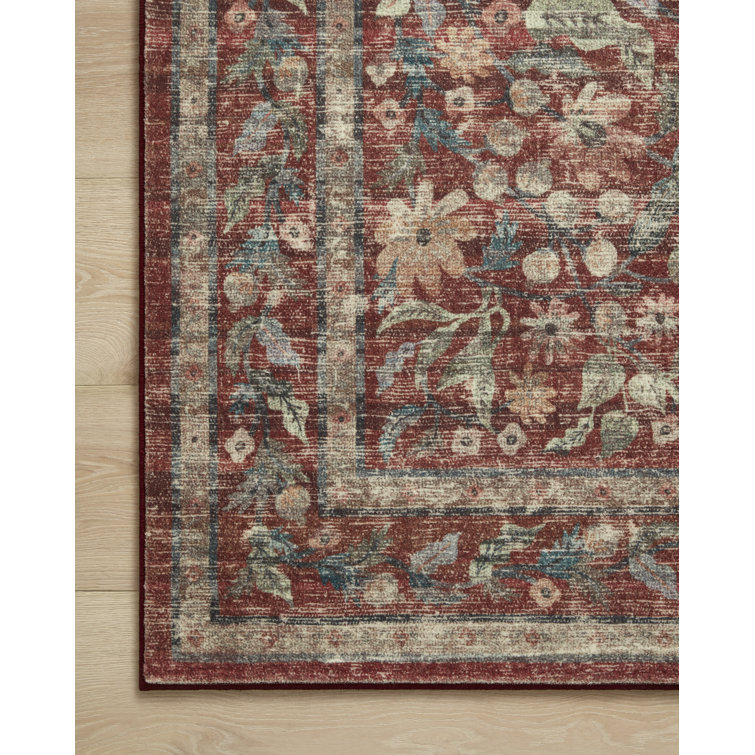 Crimson and Blue Floral Synthetic Rectangular Area Rug 8'-6" x 11'-6"