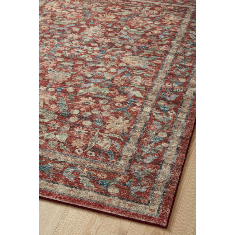 Crimson and Blue Floral Synthetic Rectangular Area Rug 8'-6" x 11'-6"