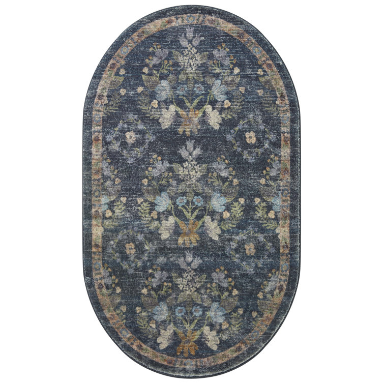 Navy Floral Oval Synthetic Area Rug 2'-3" x 3'-9"