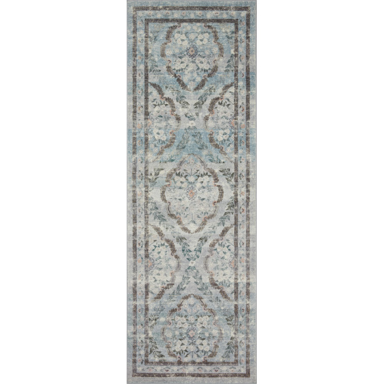 Courtyard Blue Floral Runner Rug with CloudPile Softness