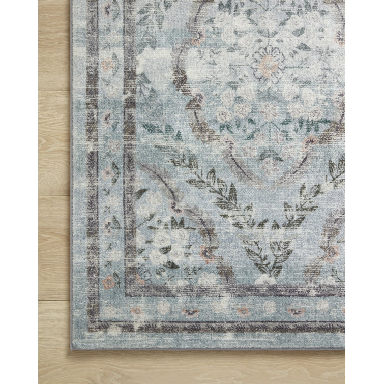 Courtyard Blue Floral Runner Rug with CloudPile Softness