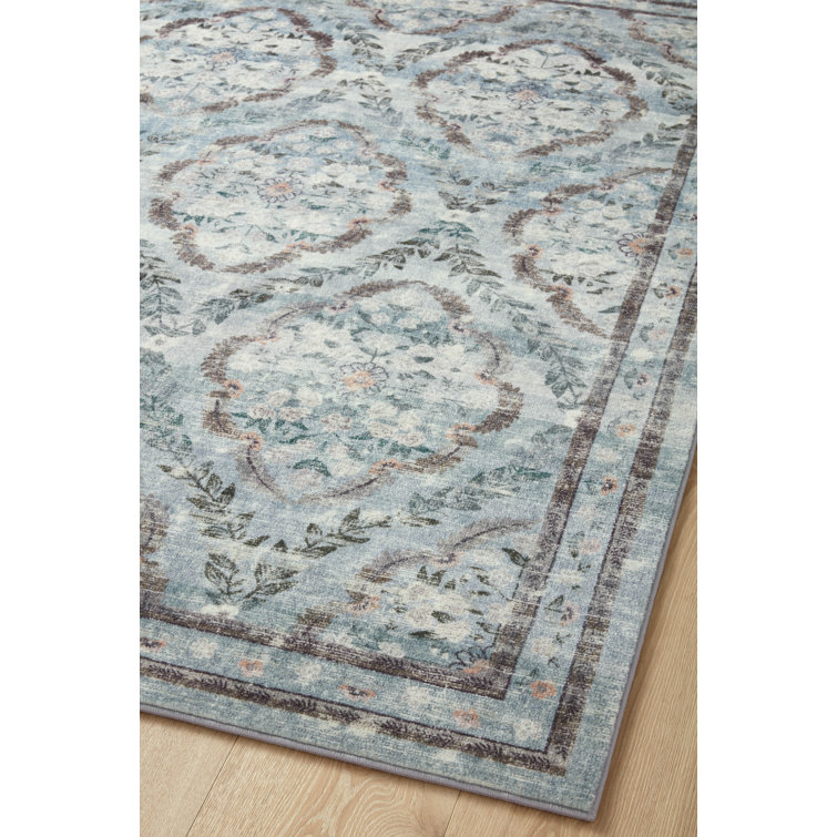 Courtyard Blue Floral Runner Rug with CloudPile Softness