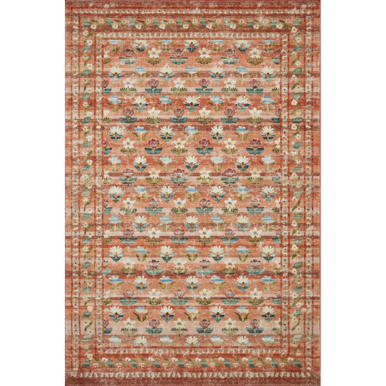 Terracotta Floral Oval Synthetic Area Rug 2'-3" x 3'-9"
