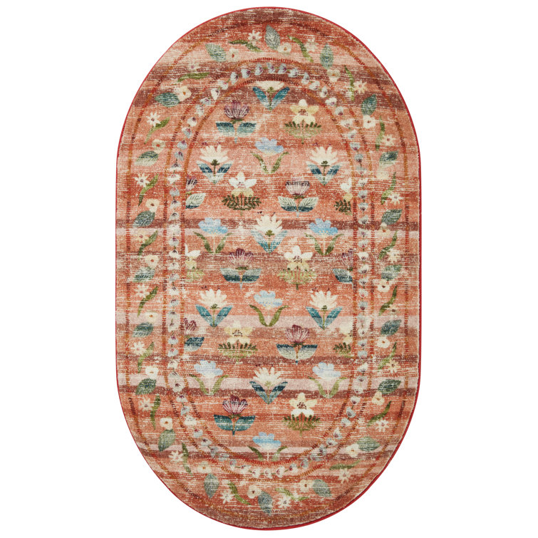 Terracotta Floral Oval Synthetic Area Rug 2'-3" x 3'-9"