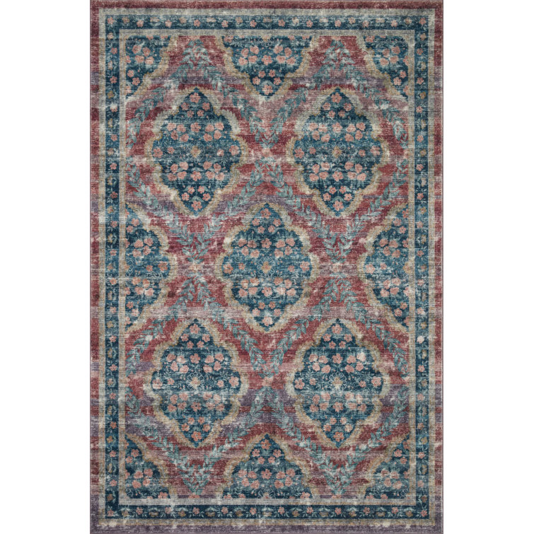 Red and Blue Floral Synthetic Rectangular Area Rug, 5' x 7'