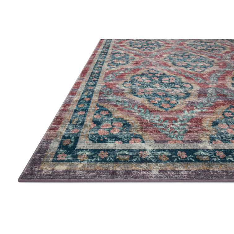 Red and Blue Floral Synthetic Rectangular Area Rug, 5' x 7'