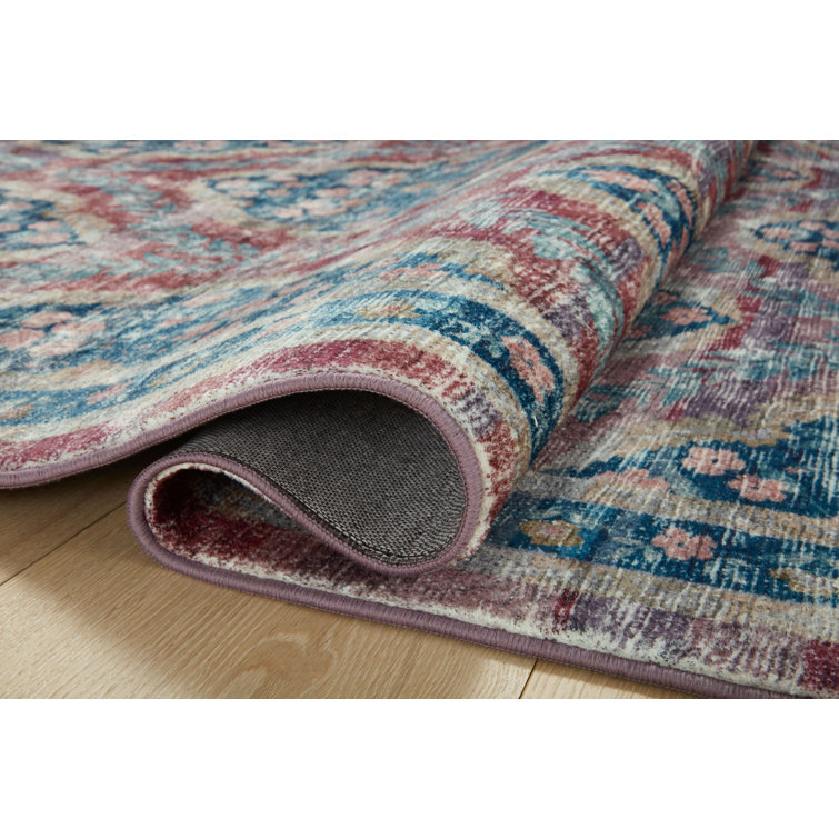 Red and Blue Floral Synthetic Rectangular Area Rug, 5' x 7'