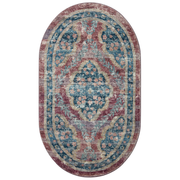 Courtyard Red Floral Oval Synthetic Area Rug