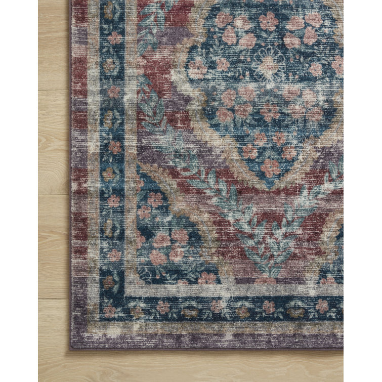 Red and Blue Floral Synthetic Rectangular Area Rug, 5' x 7'