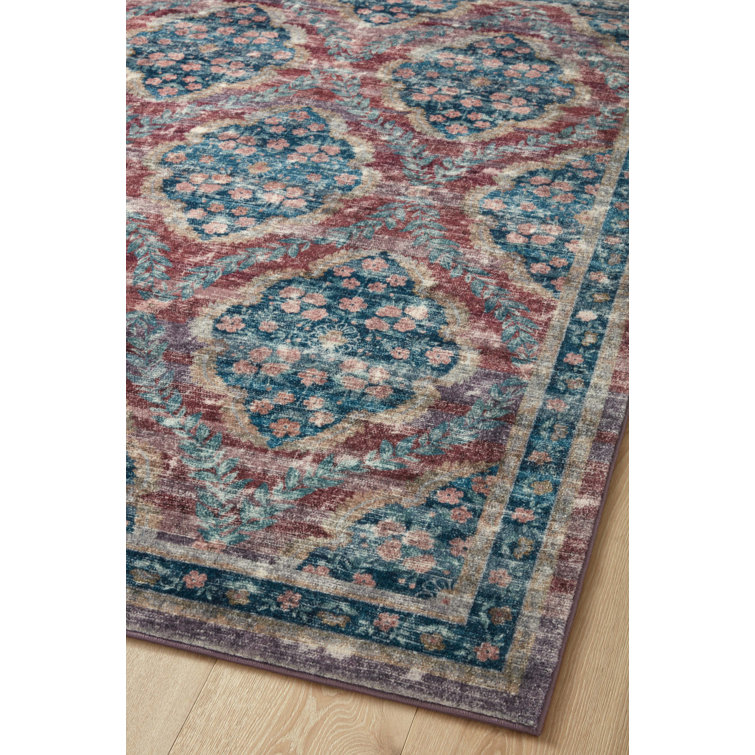 Red and Blue Floral Synthetic Rectangular Area Rug, 5' x 7'