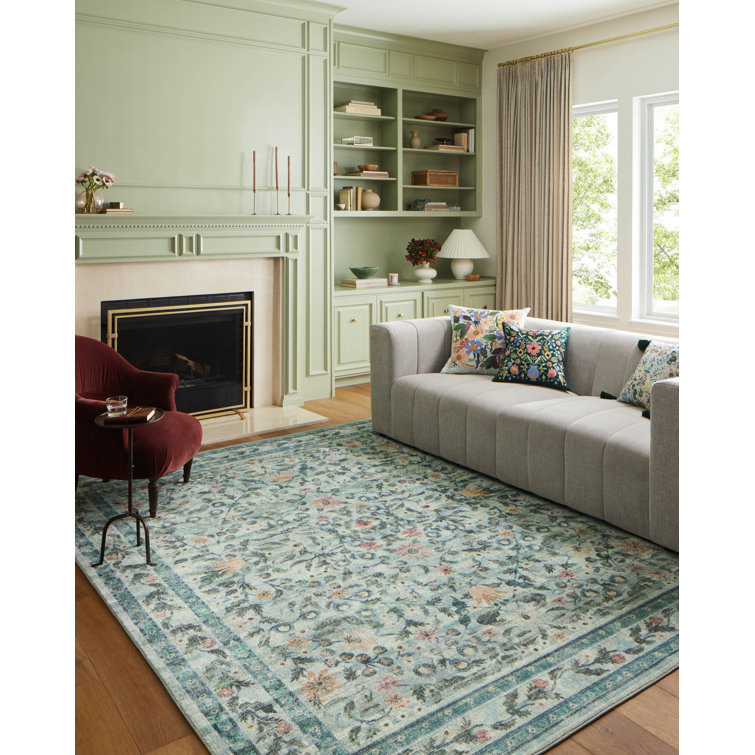 Sage Blue Floral Synthetic Rectangular Area Rug 3'-6" x 5'-6"