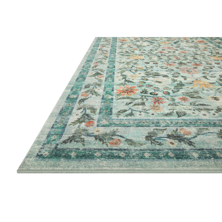 Sage Blue Floral Synthetic Rectangular Area Rug 3'-6" x 5'-6"
