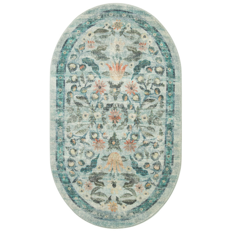 Sage Blue Floral Synthetic Rectangular Area Rug 3'-6" x 5'-6"